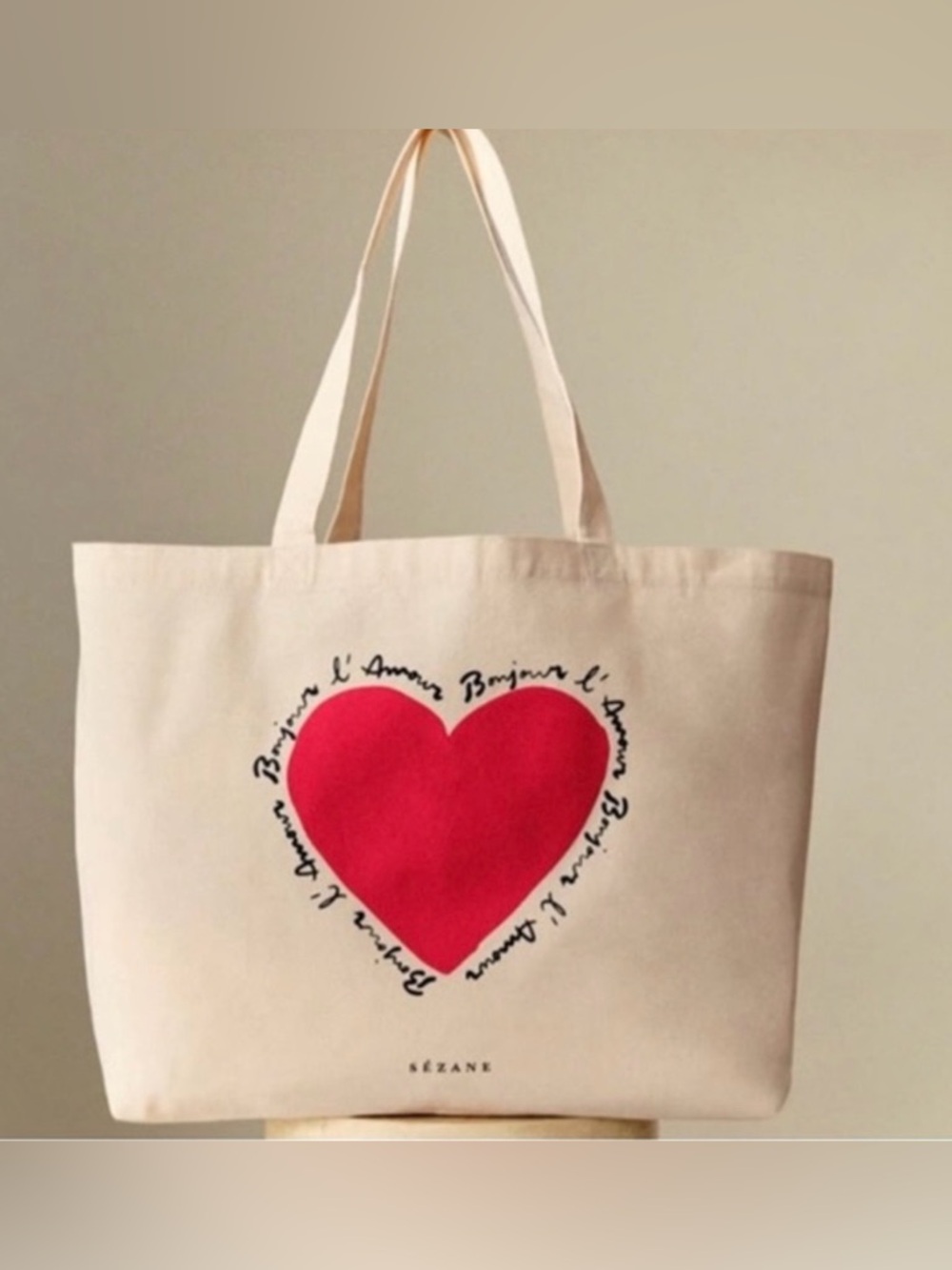 Sezane Limited Edition Canvas Heart Tote Bag, Ivory, Red Heart, Never Used, NEW